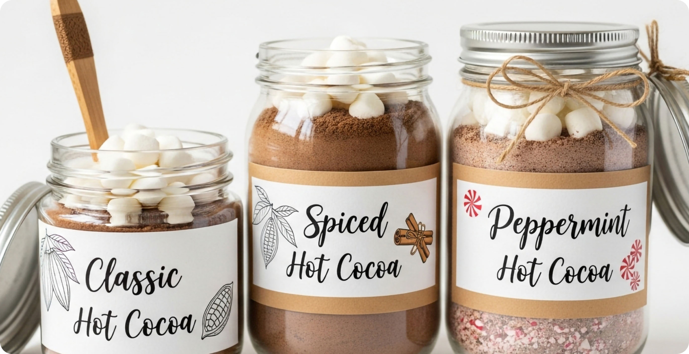 Mason jars filled with hot chocolate ingredients