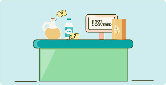 Illustration of grocery items on a checkout counter with a Not Covered sign and question marks on price tags